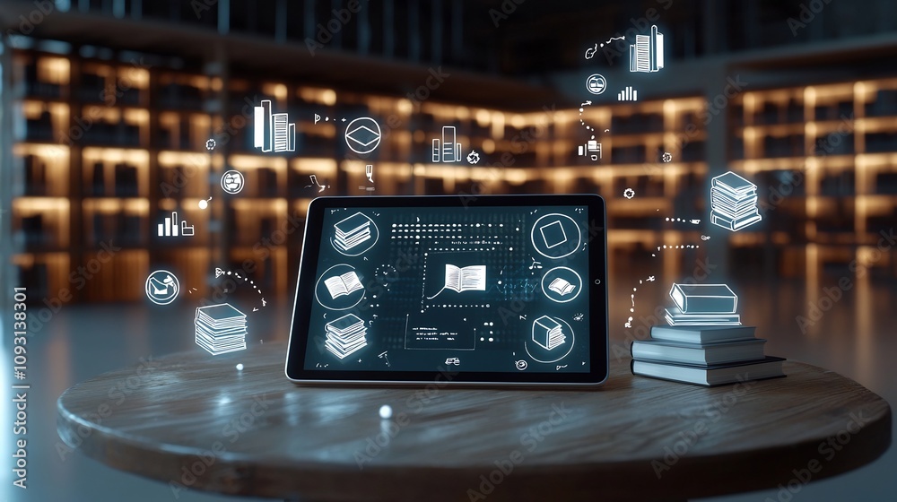 Poster Tablet on Rustic Wooden Table Displaying Education Icons and Floating Books Surrounded by Glowing Library Shelves in a Dimly Lit Wooden Environment Concept of Digital Learning and Academic Knowledge