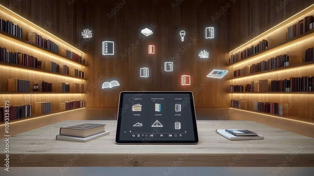 Leinwandbilder tablet on a rustic wooden table displaying education related icons and floating books surrounded by 