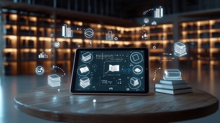 Tablet on Rustic Wooden Table Displaying Education Icons and Floating Books Surrounded by Glowing Library Shelves in a Dimly Lit Wooden Environment Concept of Digital Learning and Academic Knowledge