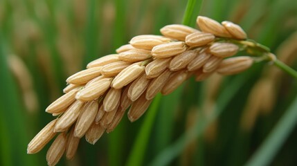 Close-up of ripe rice grains on stalk in paddy field.
