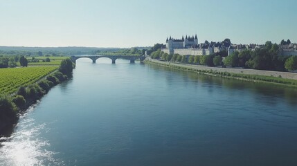 Fototapeta premium Scenic View of Loire River with Charming Landscape and Historical Architecture in France, Showcasing Nature and Heritage on a Bright Sunny Day