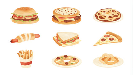 Fast food icons set. Hamburger, hot dog, pizza, sandwich, french fries, donut, sausage, cheese, burger. Vector illustration