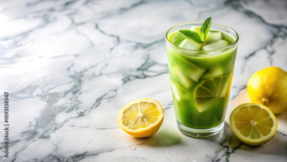Poster refreshing green smoothie with lemon and ice in a glass on a white marble background