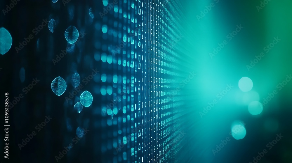 Poster abstract teal binary code wall with bokeh lights