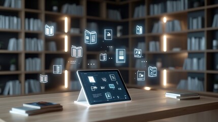 Futuristic educational concept featuring a tablet device displaying floating digital books and icons placed on a wooden table and surrounded by radiant bookshelves in a dark wooden environment