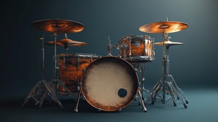 A beautifully crafted drum set with a polished wooden finish is showcased on a dark background, highlighting its intricate metal hardware and cymbals