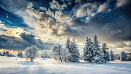 Fototapeta premium A frosty winter landscape with snow-laden trees and a dramatic sky, showcasing the beauty of nature in its serene state.