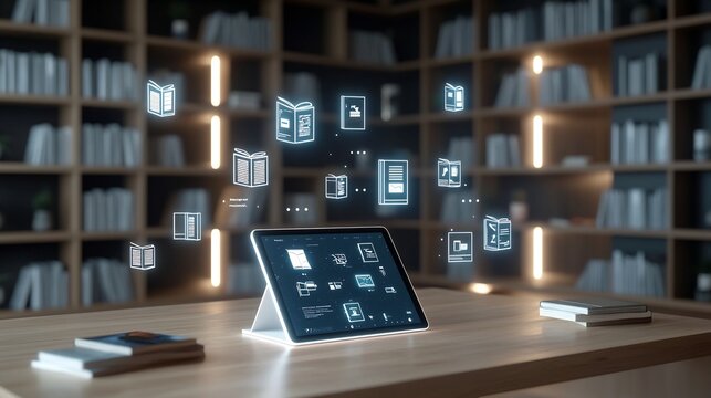 Futuristic educational concept featuring a tablet device displaying floating digital books and icons placed on a wooden table and surrounded by radiant bookshelves in a dark wooden environment - Powered by Adobe