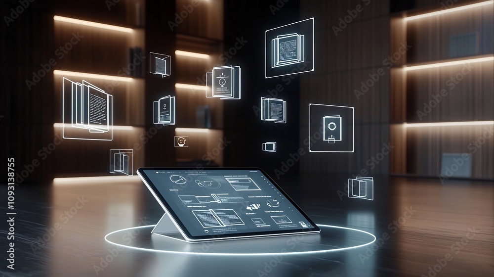 Aufkleber education scene featuring a tablet showcasing floating digital books and learning icons encircled by