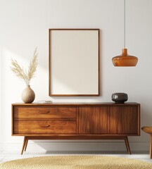 Mid-Century Modern Living Room with Empty Vertical Rectangle Frame Mockup on Sideboard and White Walls