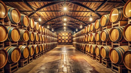 Rows of wooden barrels line the walls of a dimly lit wine cellar, creating an atmosphere of age and tradition.