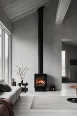 Warm retreat in a Nordic living area featuring a minimalist fireplace.