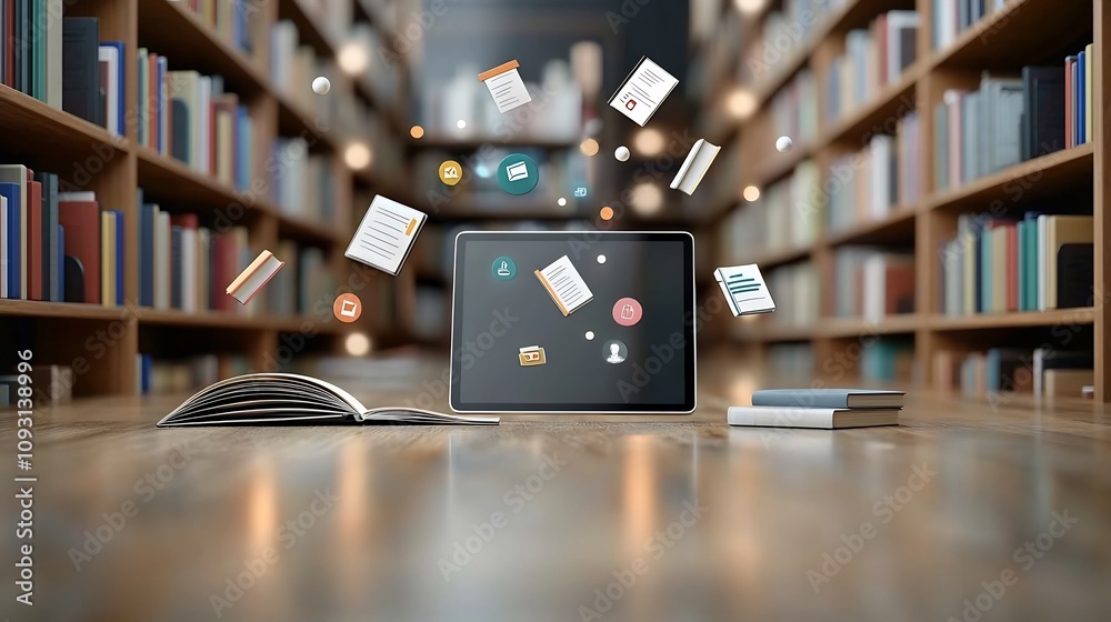 Poster a tablet resting on a polished wooden surface with floating education icons and books surrounded by 