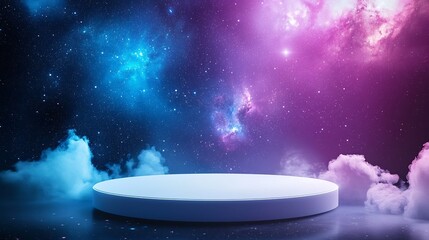 Ethereal Floating White Podium in Cosmic Galactic Background for Tech Product Display