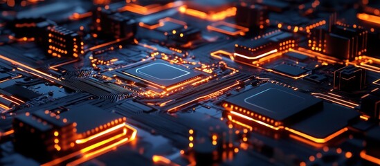 A close-up view of a futuristic circuit board with glowing elements.