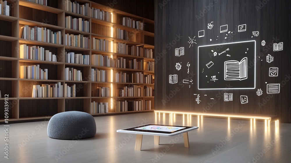 Poster Cozy educational setup with a tablet projecting floating books and learning symbols illuminated by glowing shelves in a dark wooden library like environment