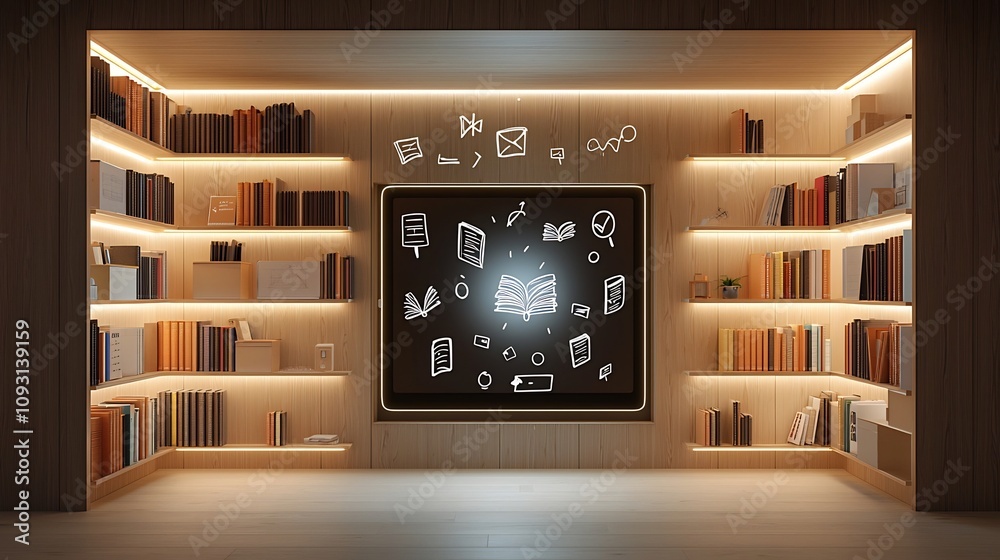 Poster Cozy educational setup with a tablet projecting floating books and learning symbols illuminated by glowing shelves in a dark wooden library like environment  Concept of technology knowledge