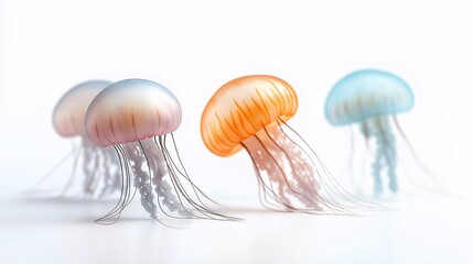 A Vibrant Group of Colorful Jellyfish Flowing Gracefully in an Ethereal Underwater Landscape, Capturing the Beauty and Serenity of Marine Life in a Soft and Dreamy Atmosphere