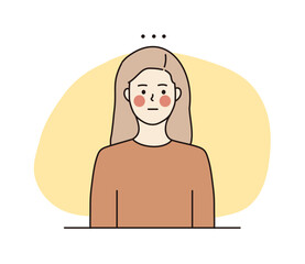 Young girl blushing, feeling shy or embarrassed. Reaction, facial expression, mood concept. Hand drawn thin line style character vector illustrations.