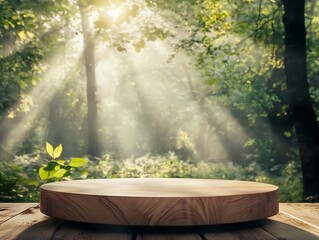 Fototapeta premium Glowing Natural Wooden Podium Surrounded by Sunlight Filtering Through Lush Forest Background for Eco Friendly Product Display
