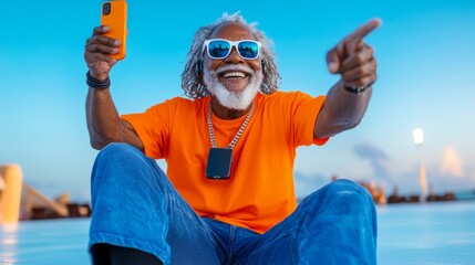 Man in an orange shirt is sitting on a surface with a cell phone in his hand. He is smiling and pointing to the camera