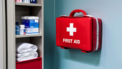 A red first aid kit is displayed prominently in a medical facility during daylight hours