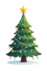 Realistic Christmas Tree with lights, red and gold Christmas balls, gold tinsel garland and stars.
