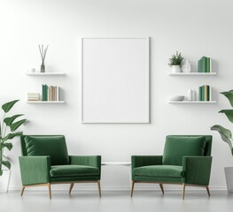 Modern Living Room with Empty Vertical Rectangle Frame Mockup, Green Armchairs, and White Shelves on Plain White Wall