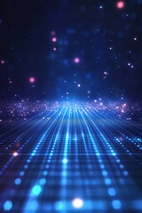 Fototapeta premium Blue grid with glowing particles and light beams.