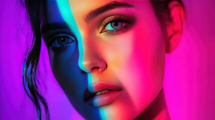 Neon glow portrait with soft lighting transitions, colorful reflections adding depth to the subjects expression