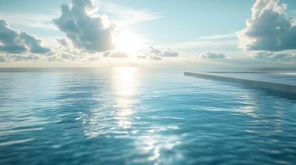 Obraz premium Scenic view of a luxury villa's infinity pool, seamless edge merging with the ocean horizon, bright sunlight illuminating the clear water, tranquil and peaceful environment, photorealistic,