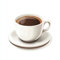 Fototapeta premium A white ceramic cup filled with hot coffee sits on a matching saucer. The coffee has a rich, dark color with a light layer of froth on top, suggesting it is freshly brewed and inviting.