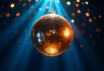 Obraz premium disco ball with lights,golden disco ball,Sparkling Lights Dance on a Gold Disco Ball