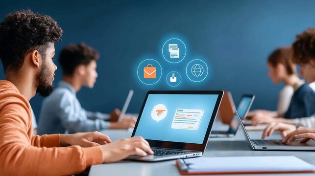 A classroom of students facing forward using laptops with a luminous interface showing e learning icons and virtual classroom tools set in a professional space with a dark blue background