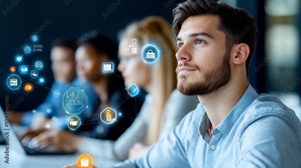 Poster rows of students sitting forward in a professional workspace interacting with glowing digital interf