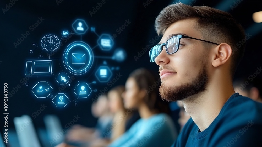 Fototapete rows of students sitting forward in a professional workspace interacting with glowing interfaces sho