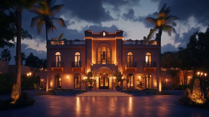 Fototapeta premium Elegant Mansion Illuminated by Soft Lights, Showcasing Exquisite Architecture and Lush Surroundings at Twilight