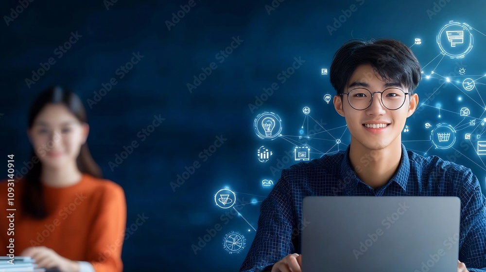 Fototapete Students in a High Tech Professional Setting Using Laptops with Radiant Interfaces Displaying Elements of Online Education Virtual Learning Tools and Icons Set in a Dark Blue Space