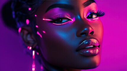 Fototapeta premium Neon makeup photography featuring glowing accents on the face, illuminated by vibrant pink and purple lights