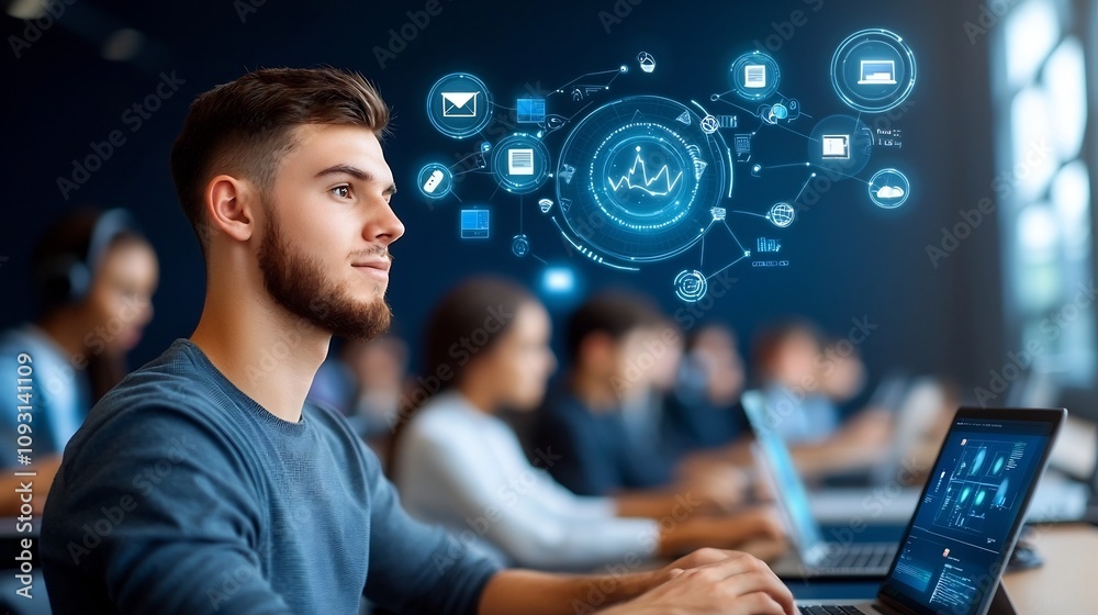 Fototapete professional digital workspace with students sitting in rows and interacting with bright digital int