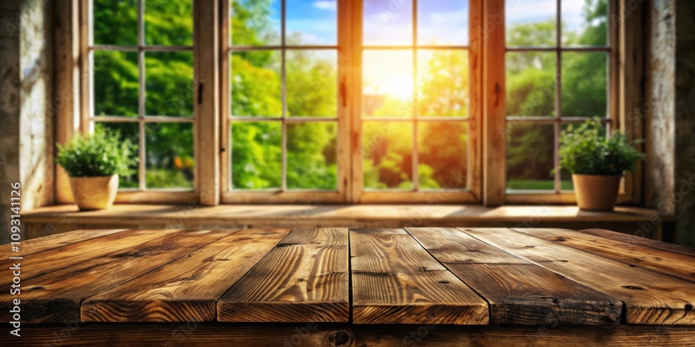 Poster wooden table top in front of a window with a view of the sunny garden outside