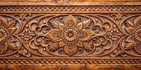 Obraz premium Intricate Wood Carving with a Floral Pattern Featuring a Central Flower with a Sun-like Design, Surrounded by Curved Lines and Smaller Floral Motifs