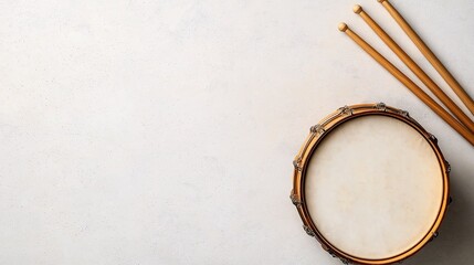 Aerial View of a Single Drum Surrounded by Sticks on a Soft Textured Background Inviting the Rhythm and Beat of Music and Creativity