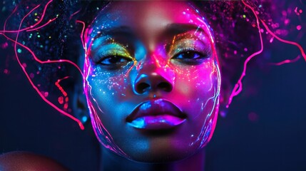 Portrait session with neon lights creating a halo effect, highlighting facial features in a colorful, surreal way