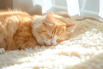 Obraz premium Ginger cat sleeping on a soft, fluffy blanket
