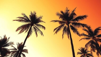 Palm trees sway in the breeze under a radiant orange sky, beach landscape, palm tree silhouettes, warm light