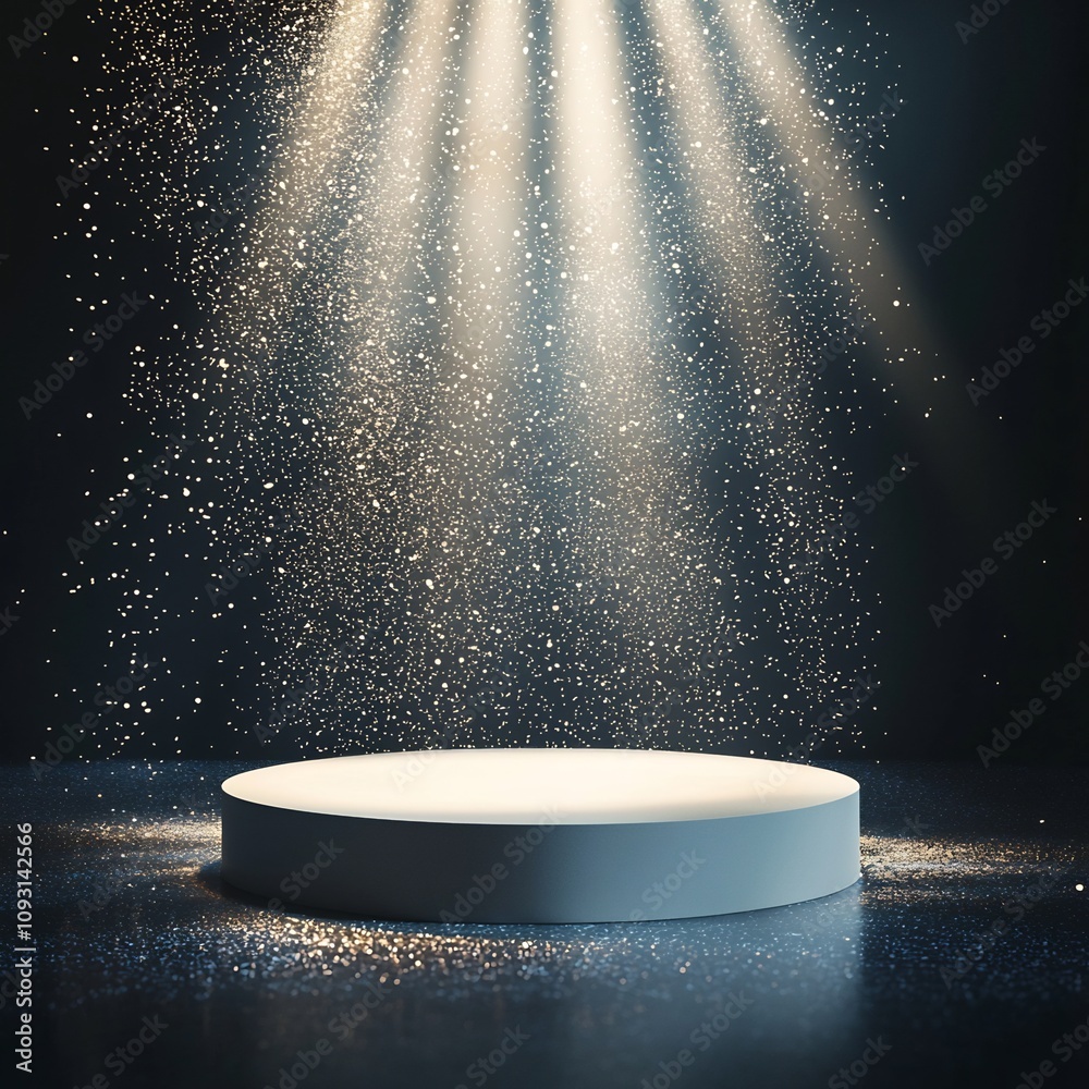 Wall mural floating podium surrounded by glowing particles in dramatic lighting setup for product display