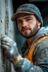 Obraz premium A construction worker wearing a beanie and safety vest is intensely focused as he works on a concrete wall, displaying dedication and skilled craftsmanship