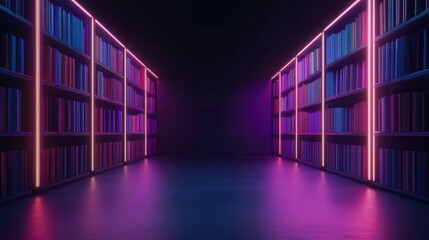 A modern library scene with illuminated shelves, featuring vibrant purple and blue lighting, creating a futuristic atmosphere.