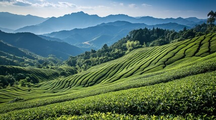 Naklejka premium Serene Landscape of Lush Green Tea Plantations with Rolling Hills and Majestic Mountains Under Clear Blue Sky in a Tranquil Environment